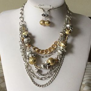 Two tone layered necklace earring set